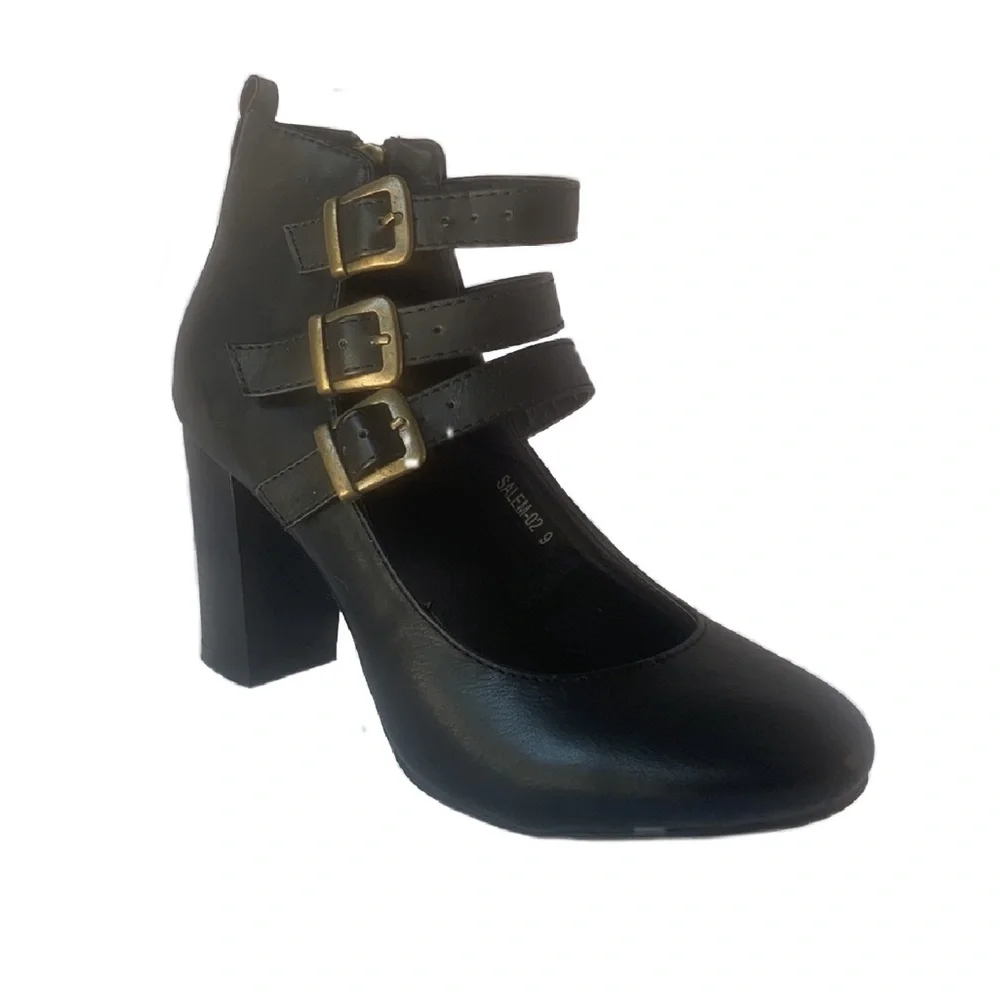 Vintage Style Buckle Strap Stack Heel Zipper Black Ankle Boot Shoes Women's - Picture 10 of 10
